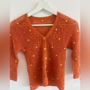 Marshall Lester Orange Crochet V-Neck Button Cardigan Sweater
